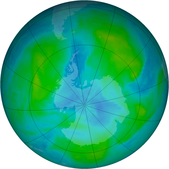 Antarctic ozone map for 21 February 1990